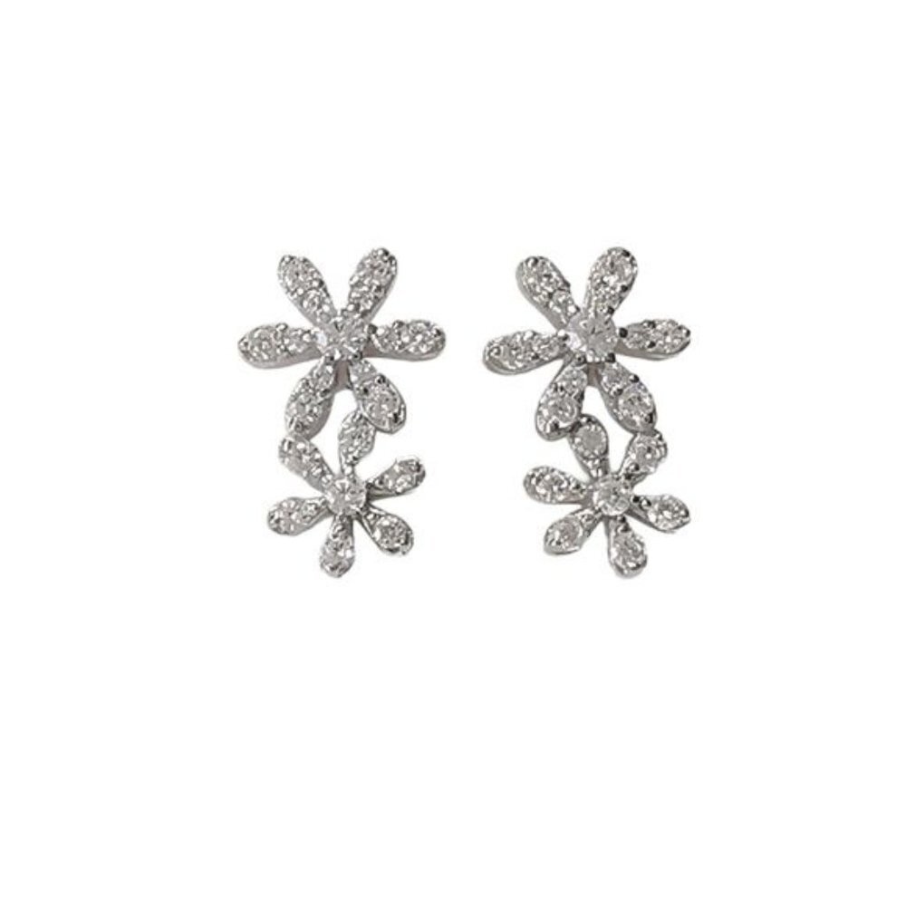 Sterling Silver CZ double daisy stud earrings